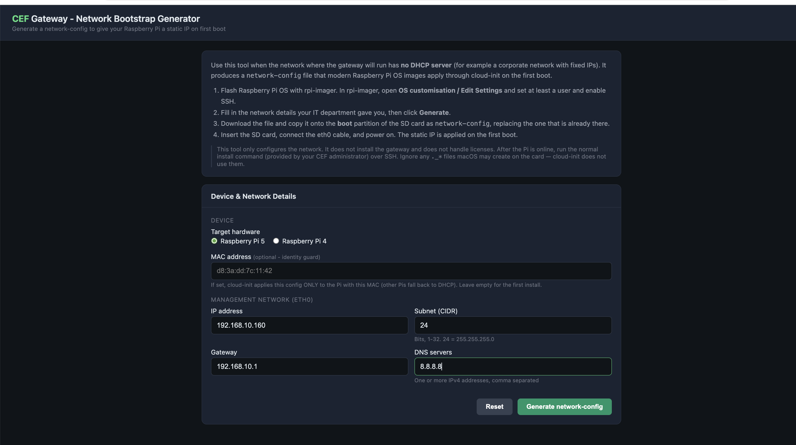 IP configuration page