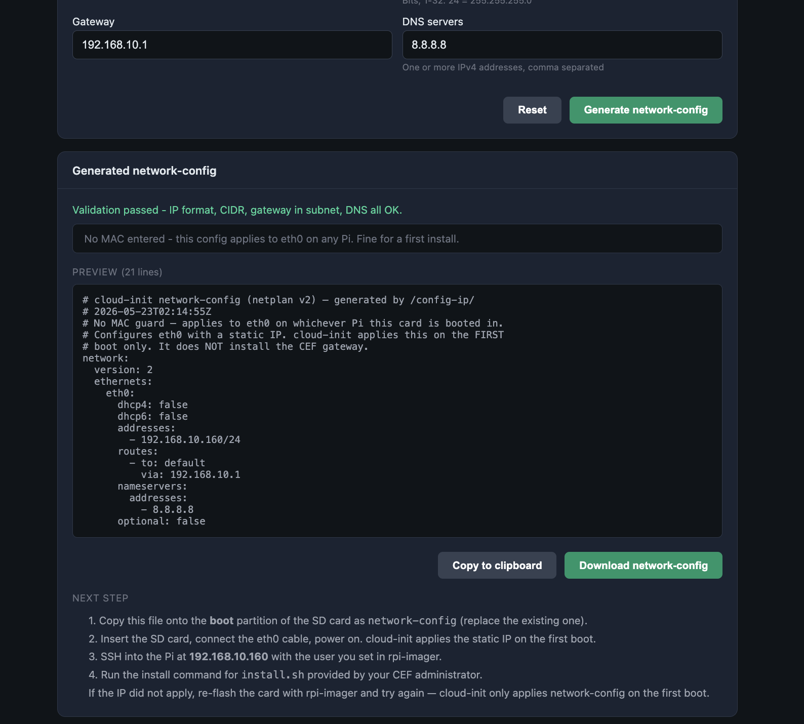 Configuration page with the generated file and the download button