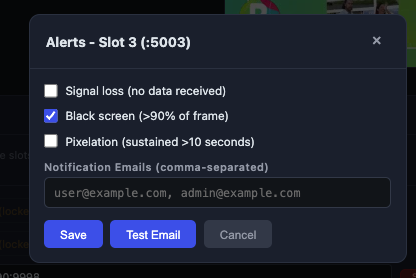Email alerts for signal loss, black screen and pixelation