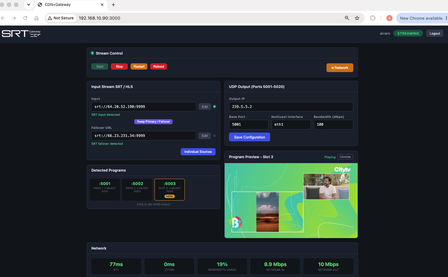 UDP multicast output, detected programs, live preview and network stats