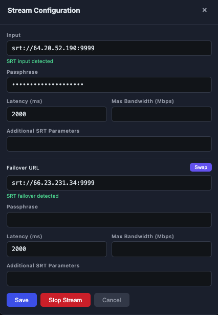 SRT input and failover configuration